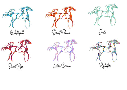 Six watercolor-style horse illustrations arranged in two rows on a white background, each labeled with a name: Waterfall, Desert Flame, Jade, Desert Rose, Lilac Dream, and Reflection. The horses are shown in different colored watercolor palettes.