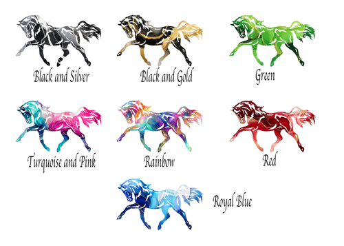 Seven watercolor-style running horse illustrations arranged on a white background, each labeled with a color name: Black and Silver, Black and Gold, Green, Turquoise and Pink, Rainbow, Red, and Royal Blue.