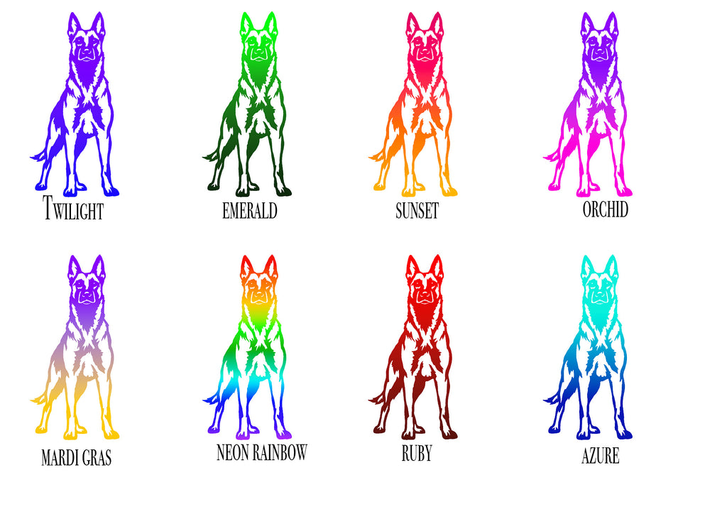 Eight color options for a Belgian Malinois dog silhouette decal or print, arranged in a 2x4 grid on a white background. Each option shows the dog silhouette in a different vibrant gradient color with a black outline and a text label underneath: Twilight, Emerald, Sunset, Orchid, Mardi Gras, Neon Rainbow, Ruby, and Azure.