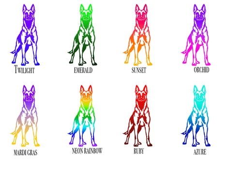 Eight color options for a Belgian Malinois dog silhouette decal or print, arranged in a 2x4 grid on a white background. Each option shows the dog silhouette in a different vibrant gradient color with a black outline and a text label underneath: Twilight, Emerald, Sunset, Orchid, Mardi Gras, Neon Rainbow, Ruby, and Azure.