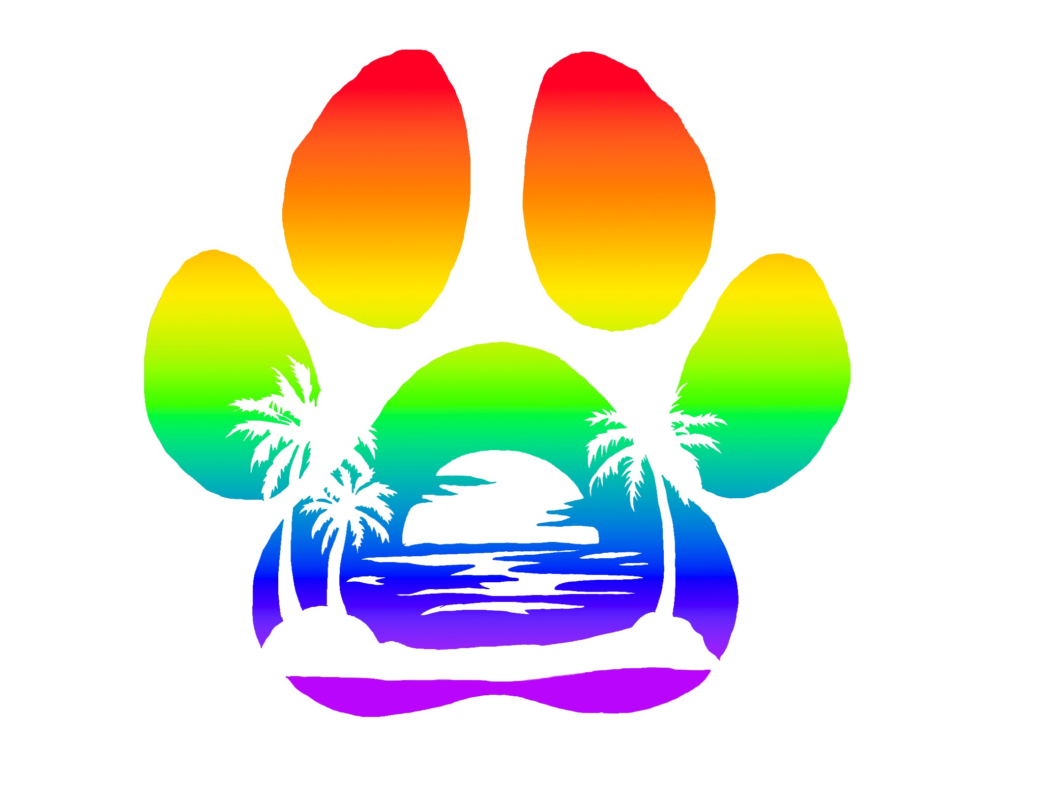 A rainbow-colored paw print graphic with a tropical beach scene silhouette inside, including palm trees, sand, water, and a sunset, on a plain white background.