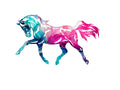 A stylized running horse illustration in a watercolor-like abstract design, with teal, blue, pink, purple, and white tones on a plain white background.