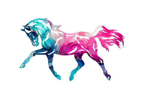 A stylized running horse illustration in a watercolor-like abstract design, with teal, blue, pink, purple, and white tones on a plain white background.